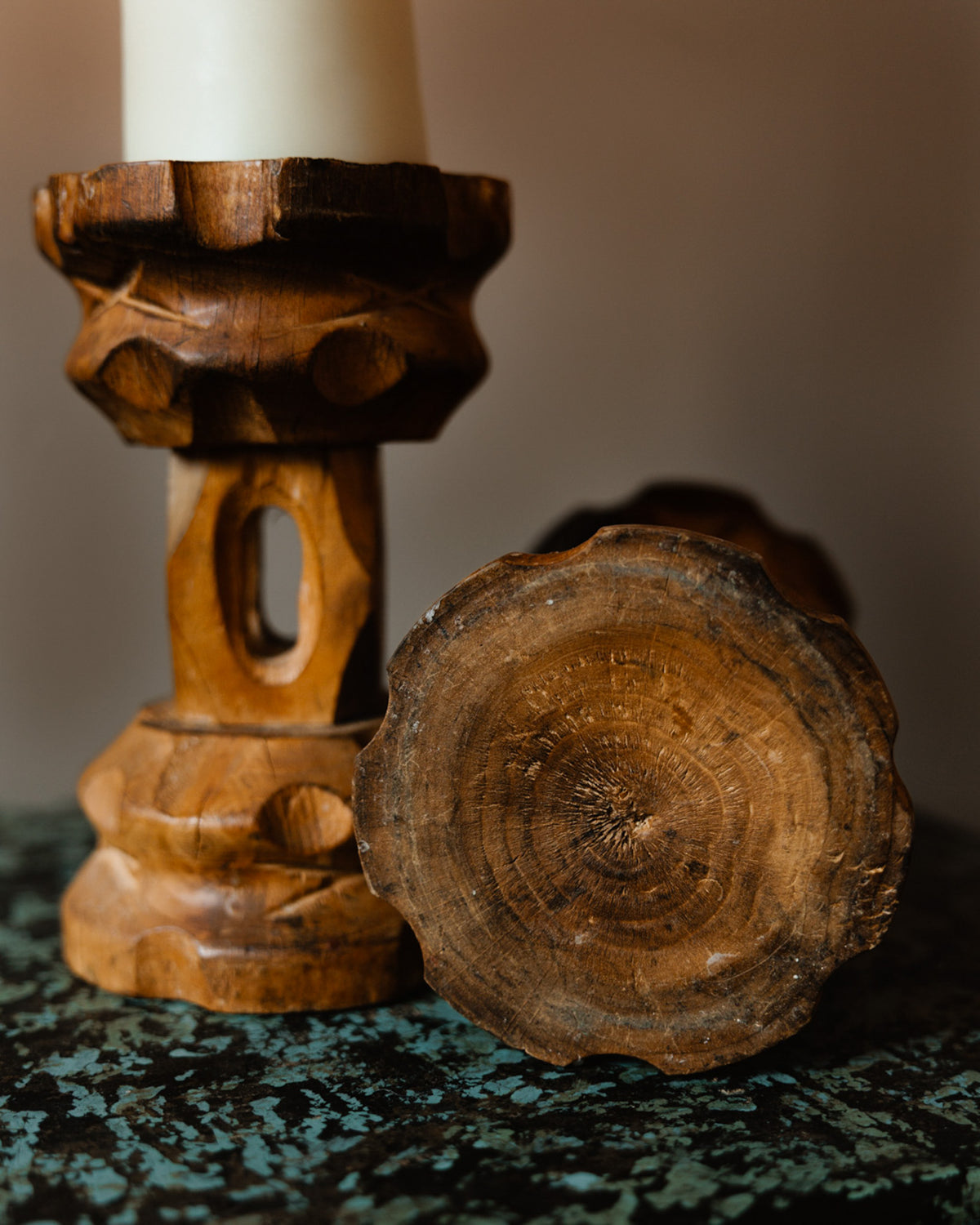 Spanish Brutalist Carved Wood Candlesticks