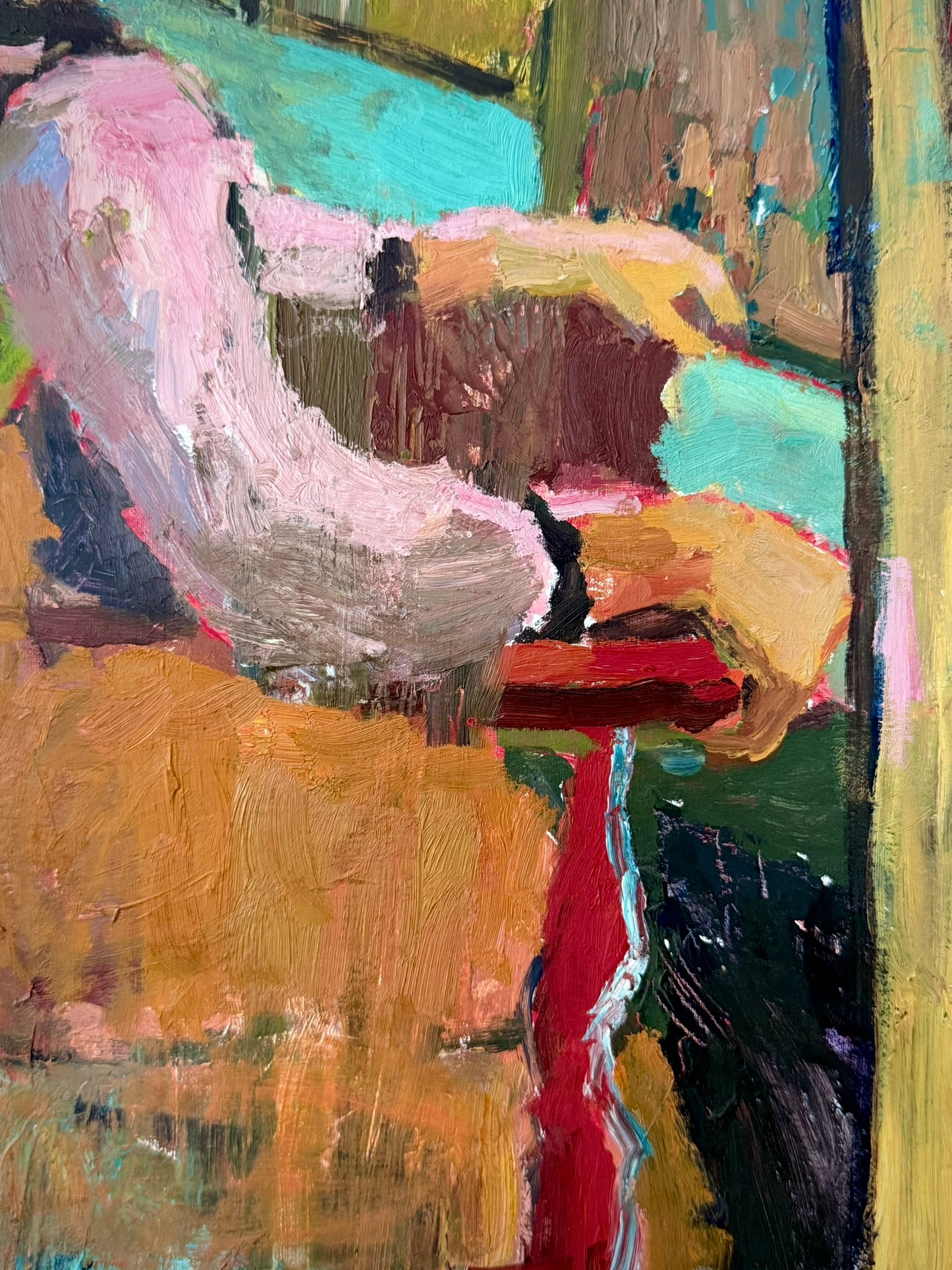 Vintage Oil on Board Painting, Red Doorway, c. 1970s