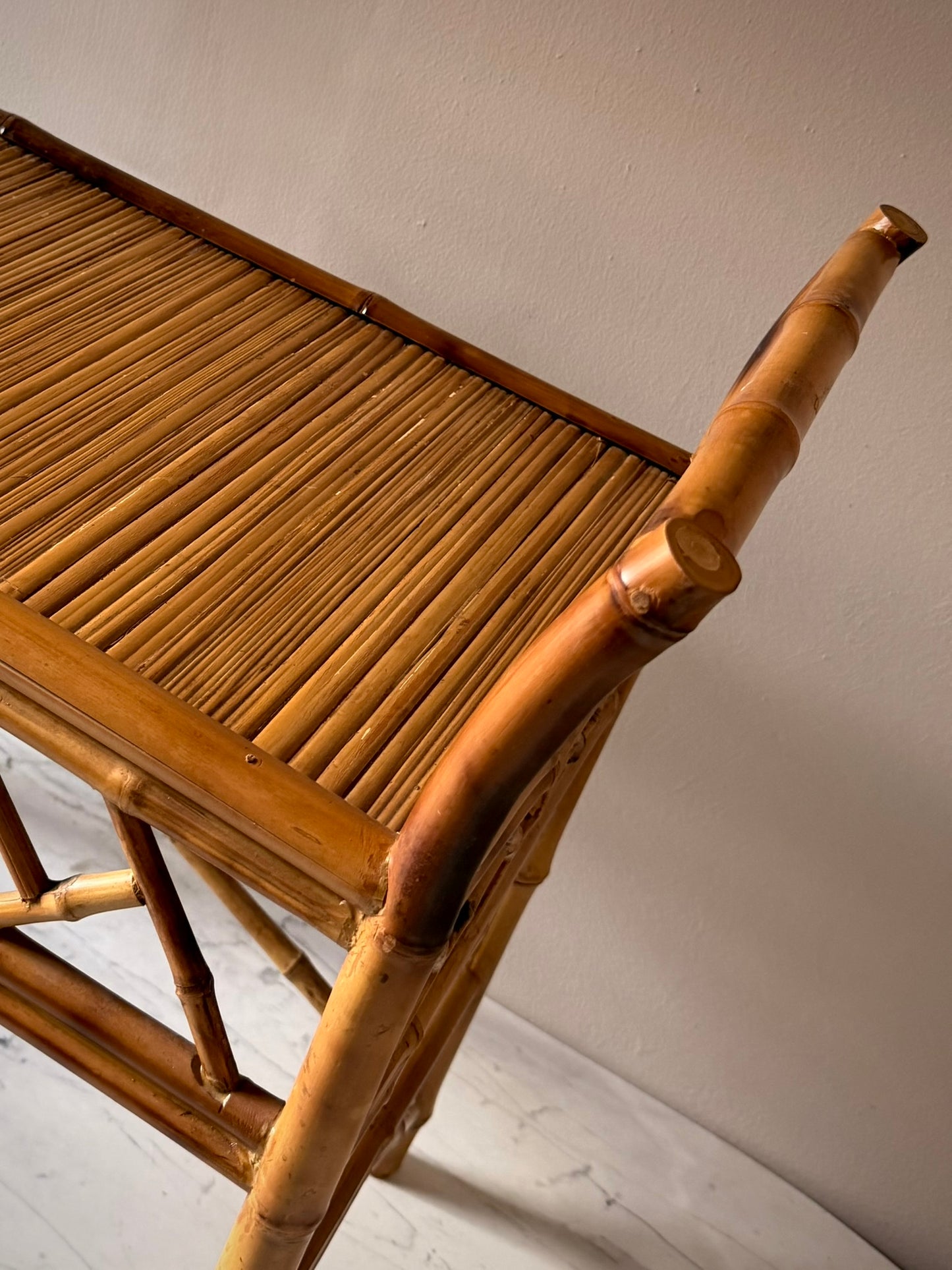 1970s Scorched Bamboo Slatted Bench