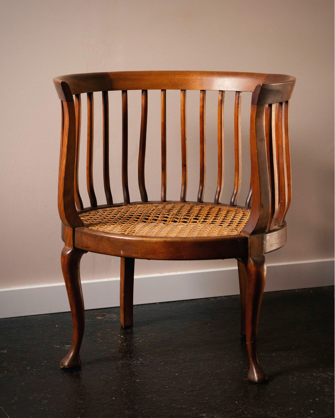 Mahogany Barrel Chair with Open Cane Panel