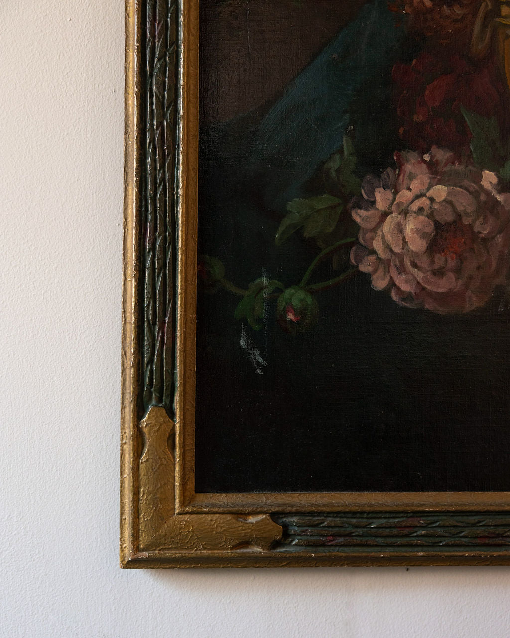 Atmospheric Floral Still Life Oil on Board in Antique Gilt Fram