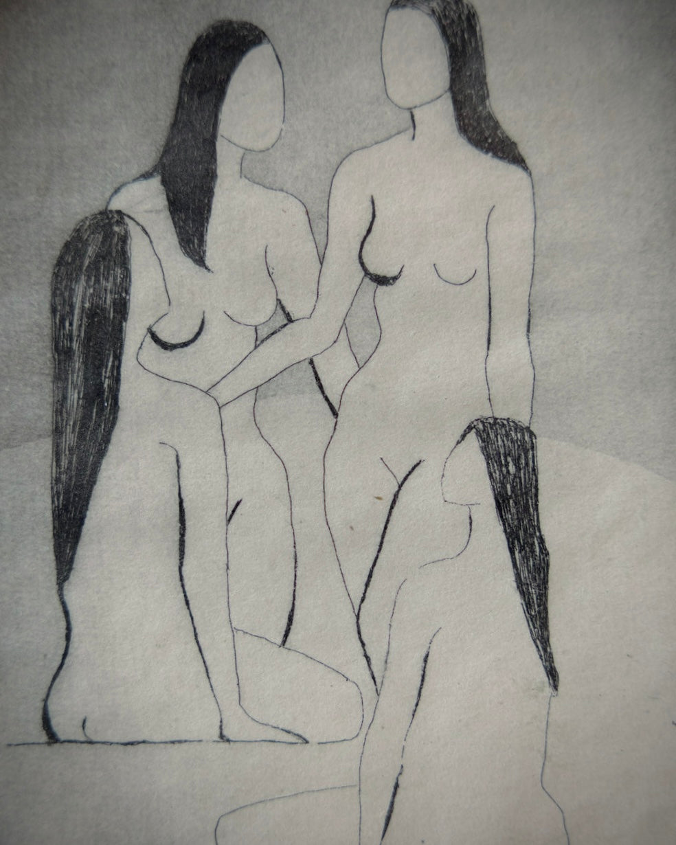 Figural Intaglio Etching with Four Female Figures