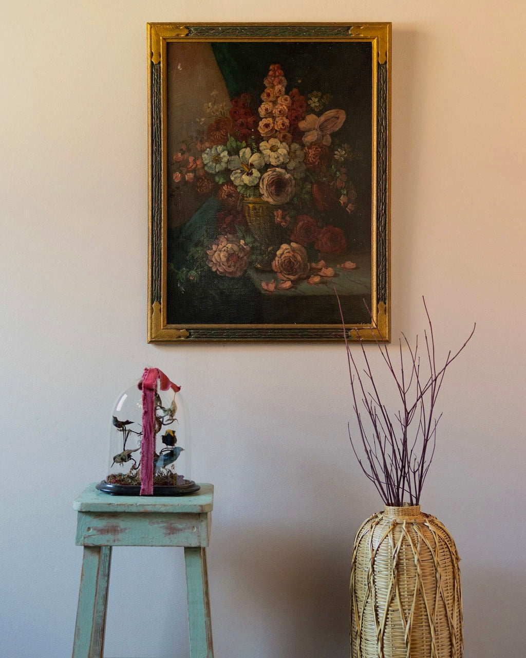 Atmospheric Floral Still Life Oil on Board in Antique Gilt Fram
