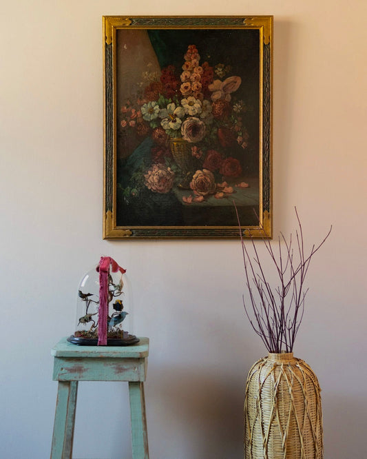 Atmospheric Floral Still Life Oil on Board in Antique Gilt Fram