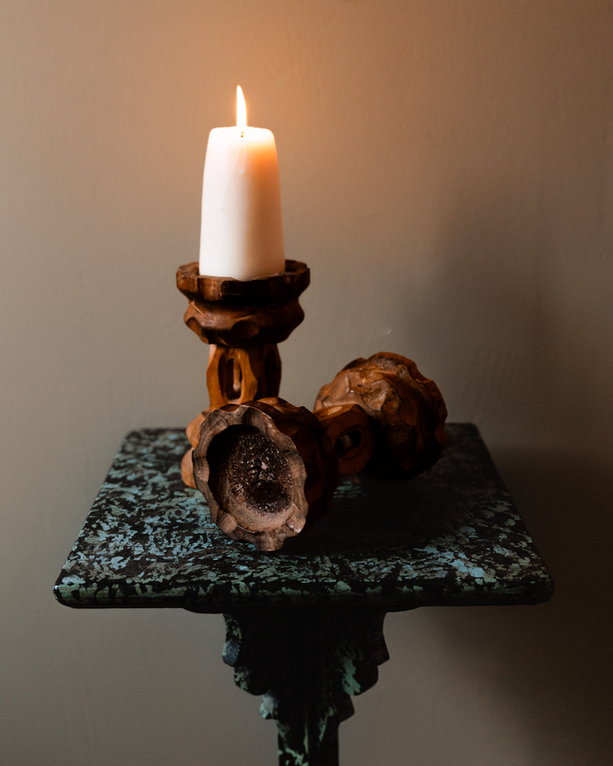 Spanish Brutalist Carved Wood Candlesticks