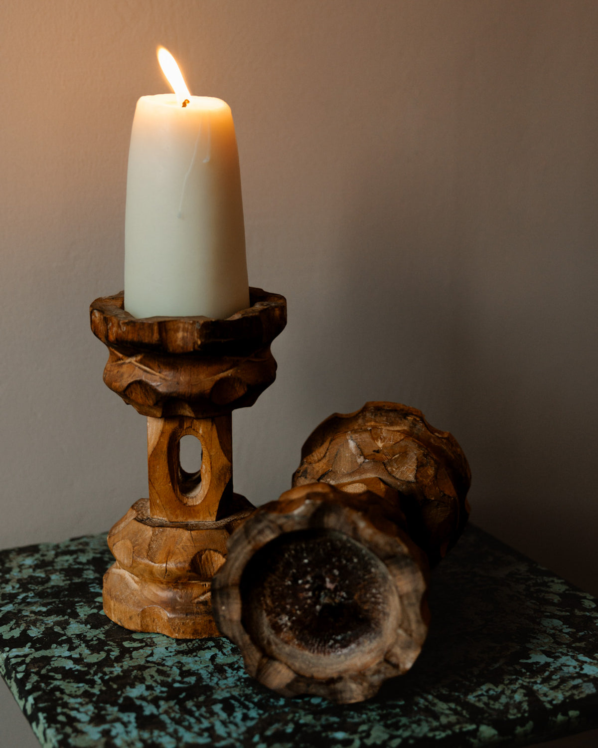 Spanish Brutalist Carved Wood Candlesticks
