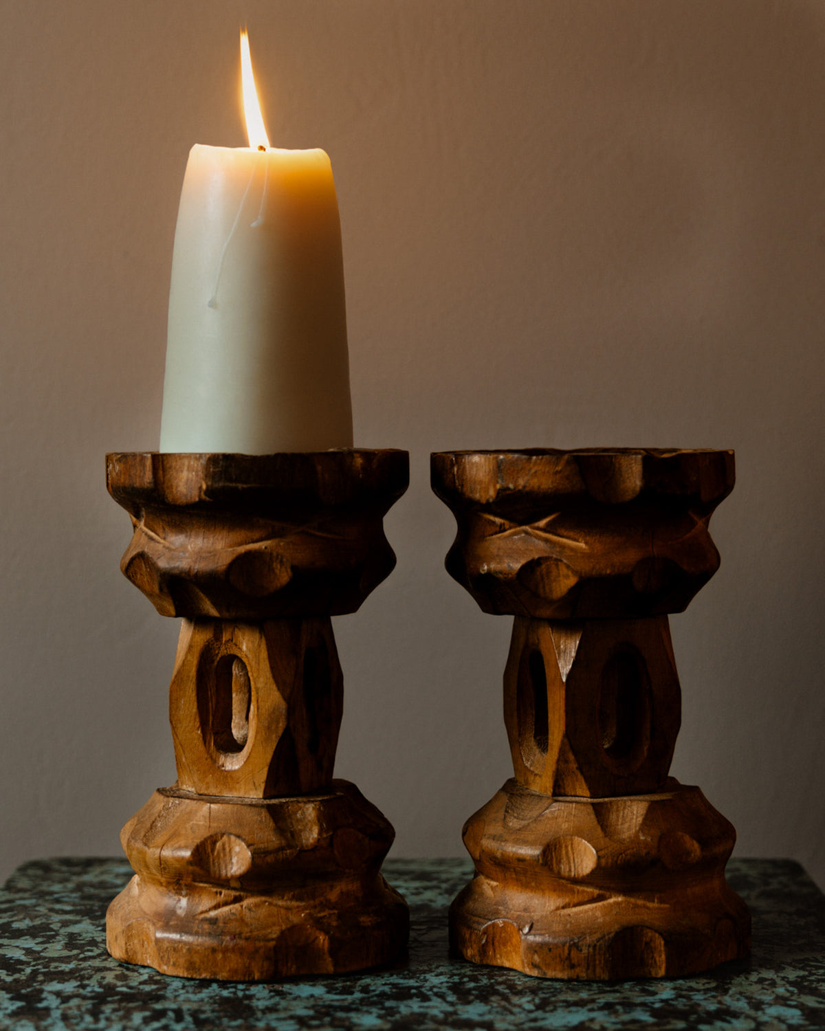 Spanish Brutalist Carved Wood Candlesticks
