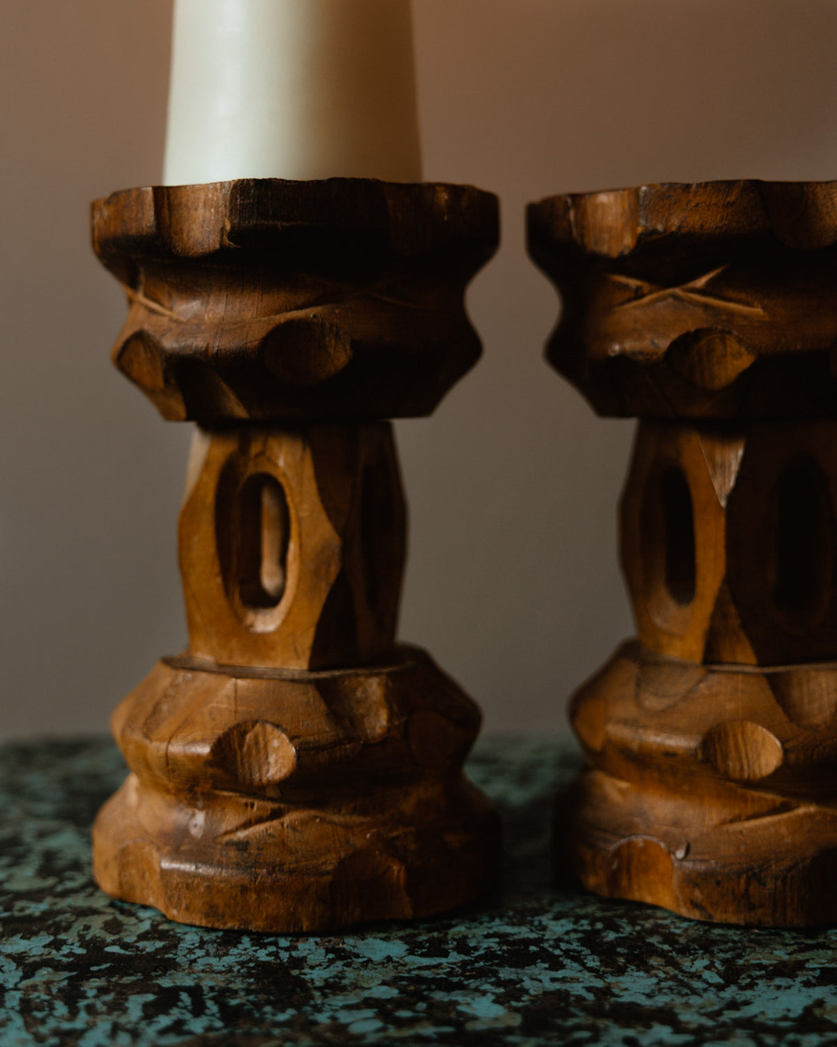Spanish Brutalist Carved Wood Candlesticks