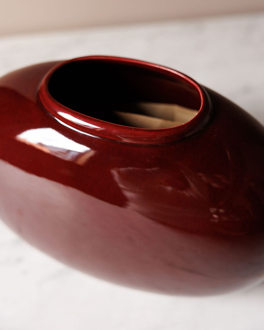 High-Gloss Burgundy Oval Ceramic Vase