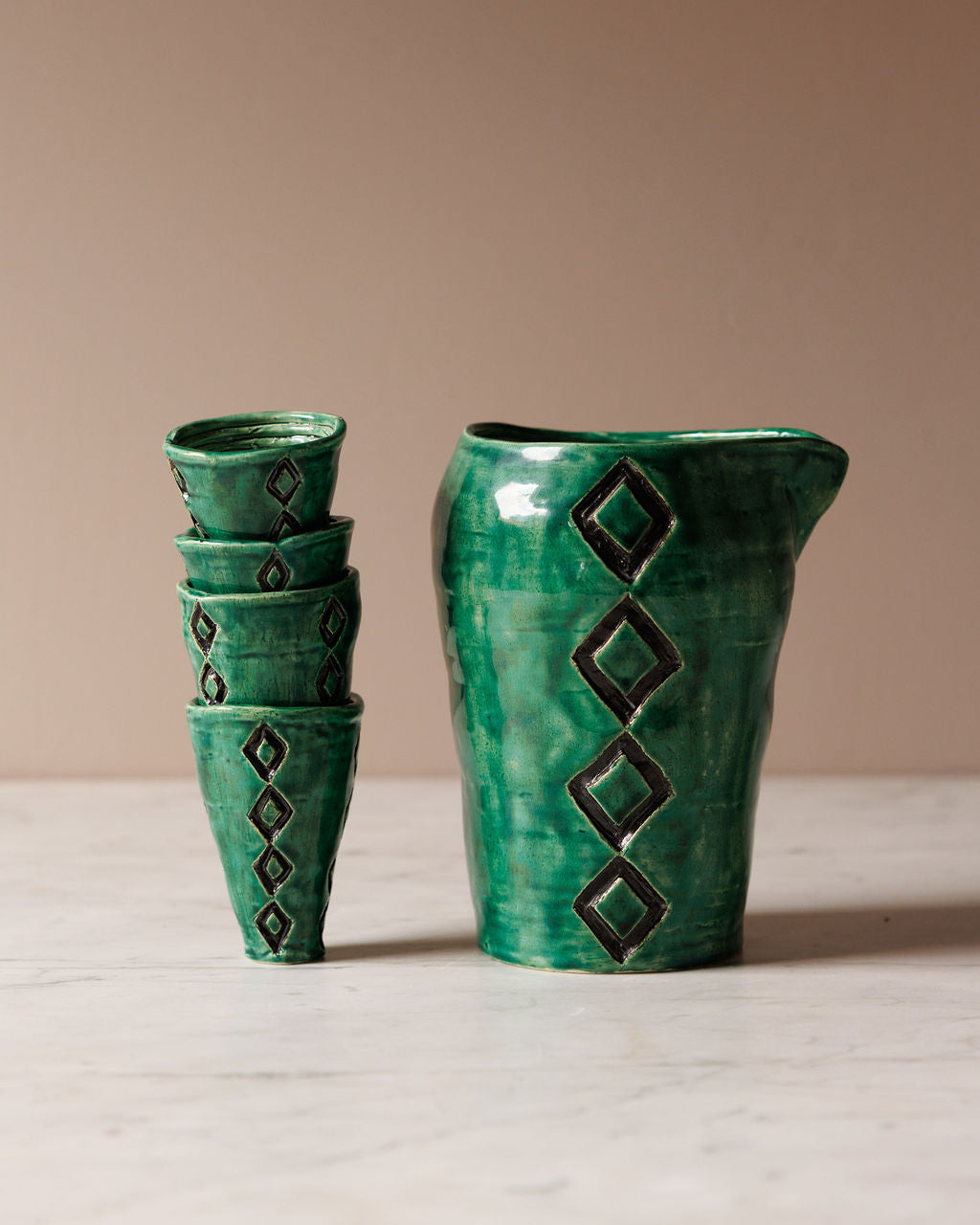 Emerald Green Coil-Built Pottery Pitcher and Cups