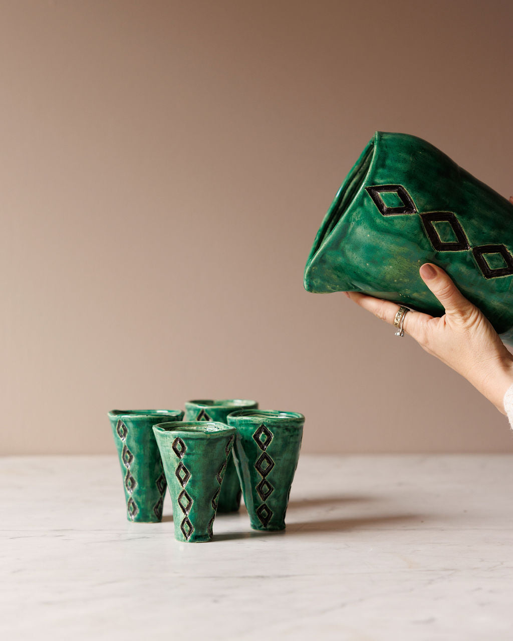 Emerald Green Coil-Built Pottery Pitcher and Cups