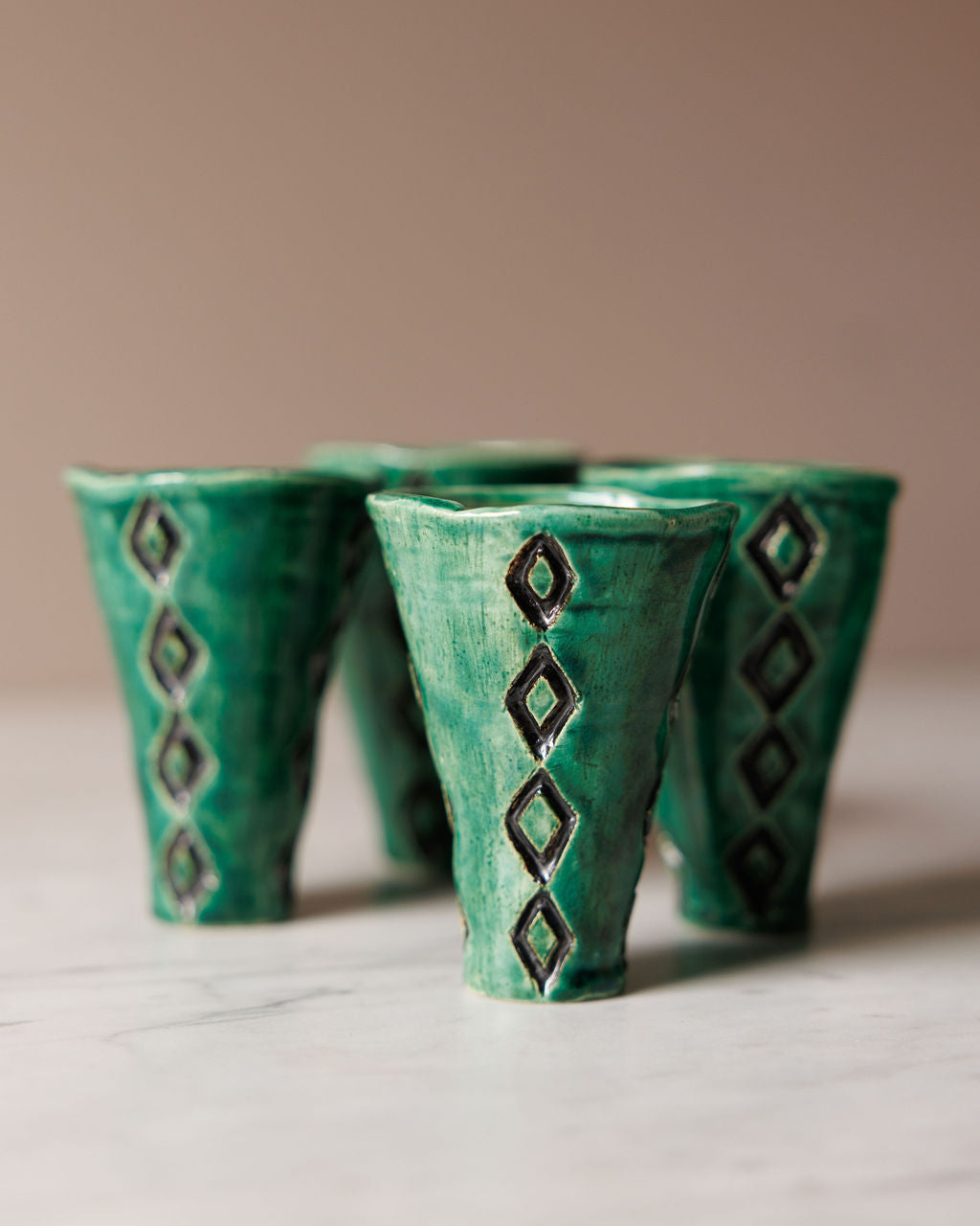 Emerald Green Coil-Built Pottery Pitcher and Cups