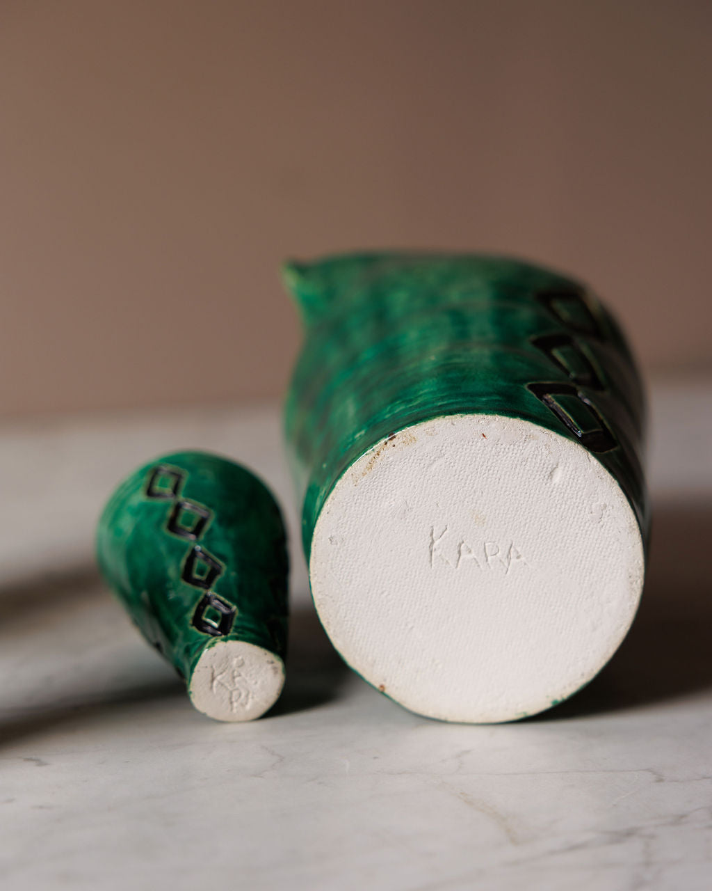 Emerald Green Coil-Built Pottery Pitcher and Cups