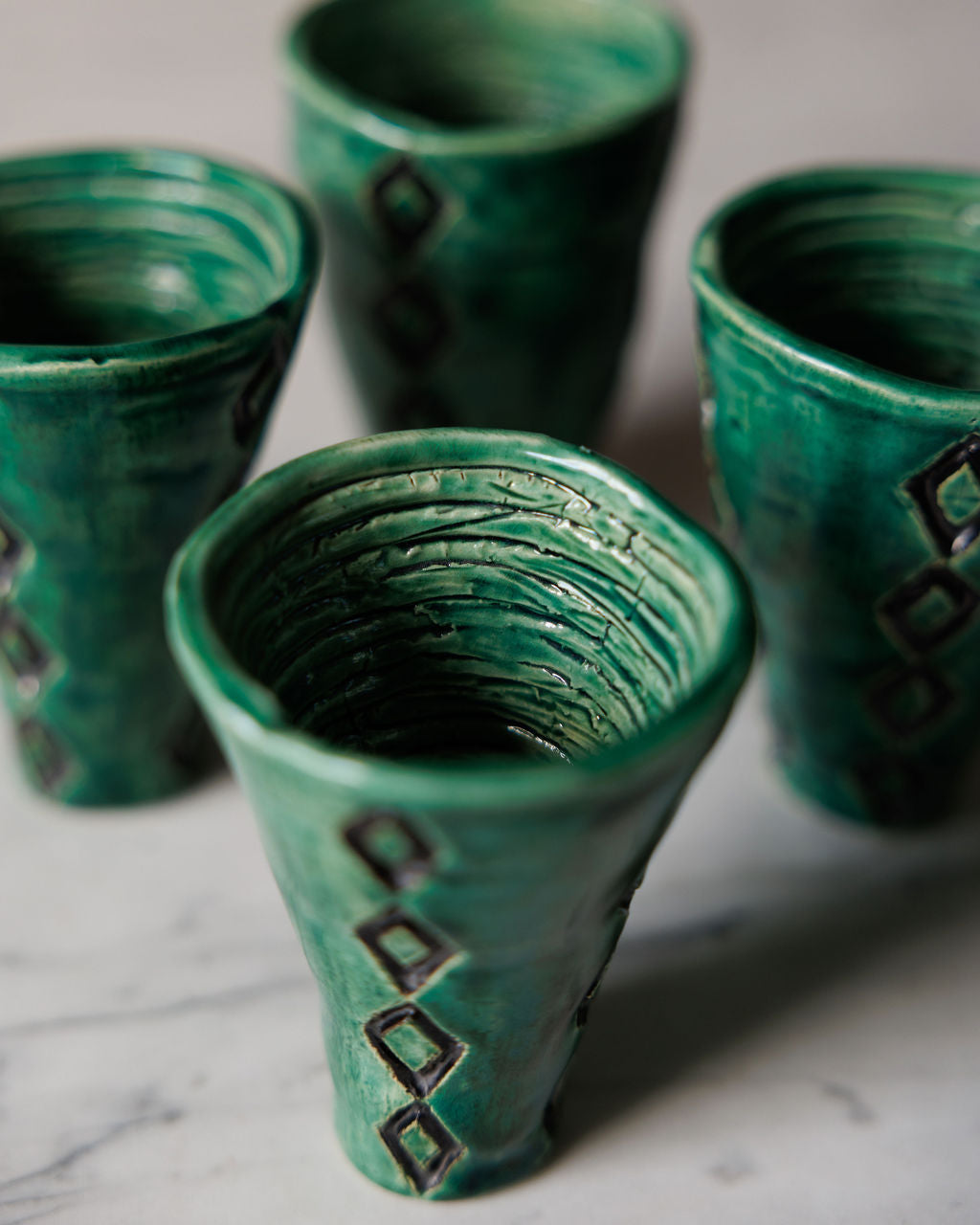 Emerald Green Coil-Built Pottery Pitcher and Cups