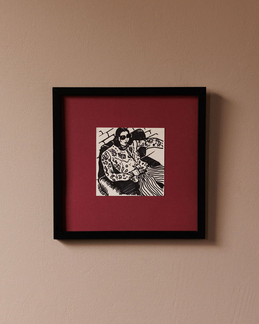 Modernist Figural Ink Drawing with Burgundy Mat
