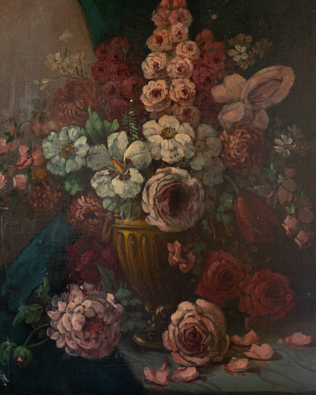 Atmospheric Floral Still Life Oil on Board in Antique Gilt Fram