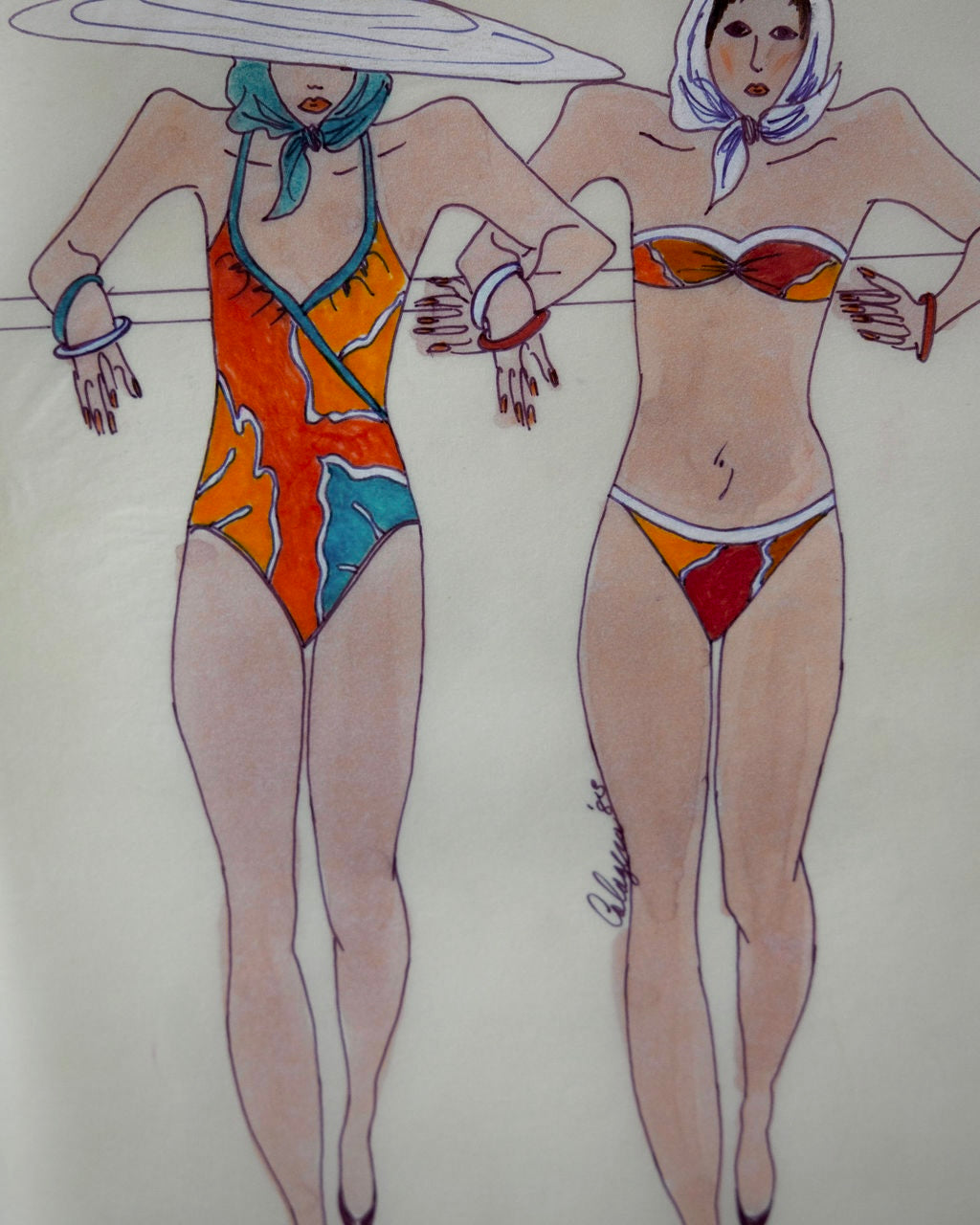 80s Glam Swimsuit Fashion Sketches