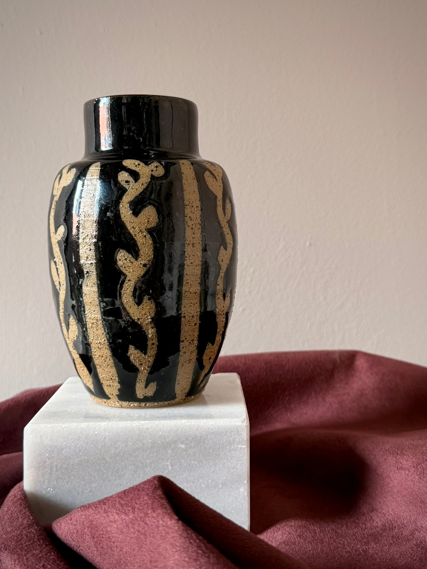 Stoneware Vase with Botanical Relief and Drip Glaze
