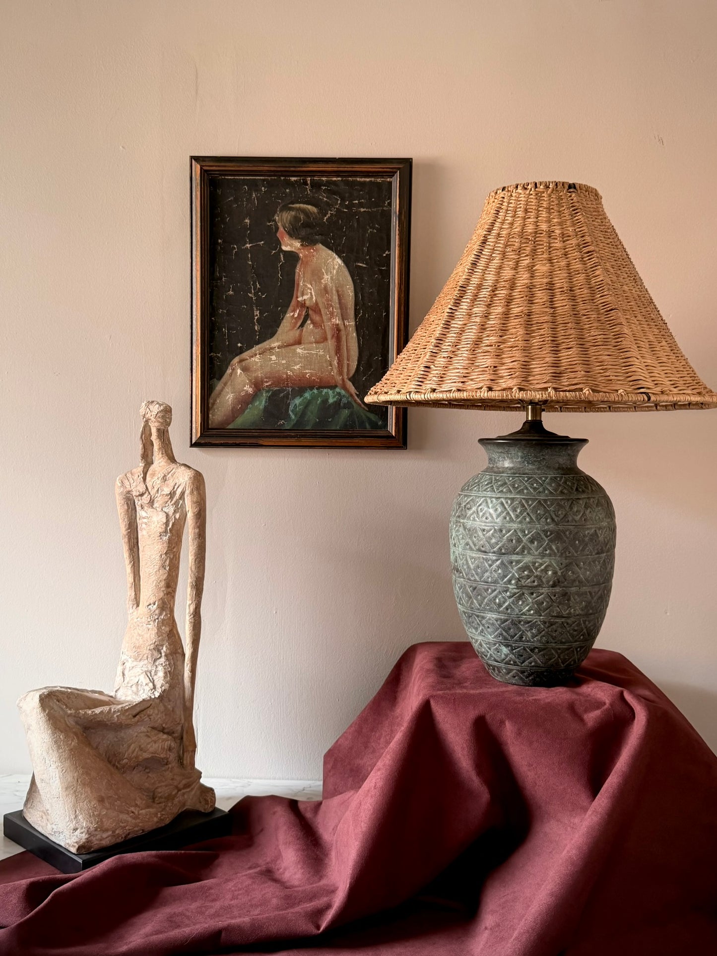 Verdigris Stamped Metal Table Lamp with Wicker Shade