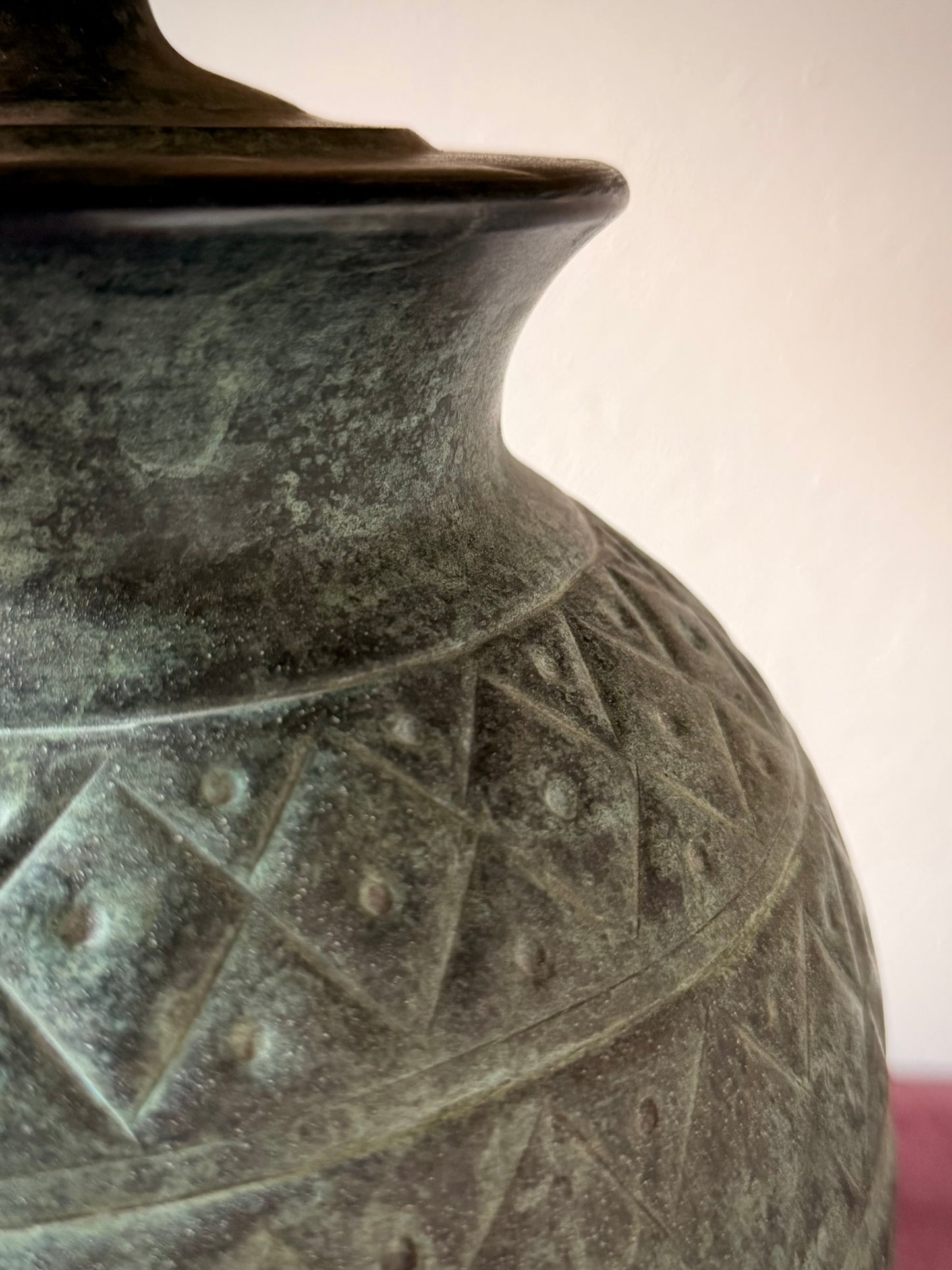 Verdigris Stamped Metal Table Lamp with Wicker Shade