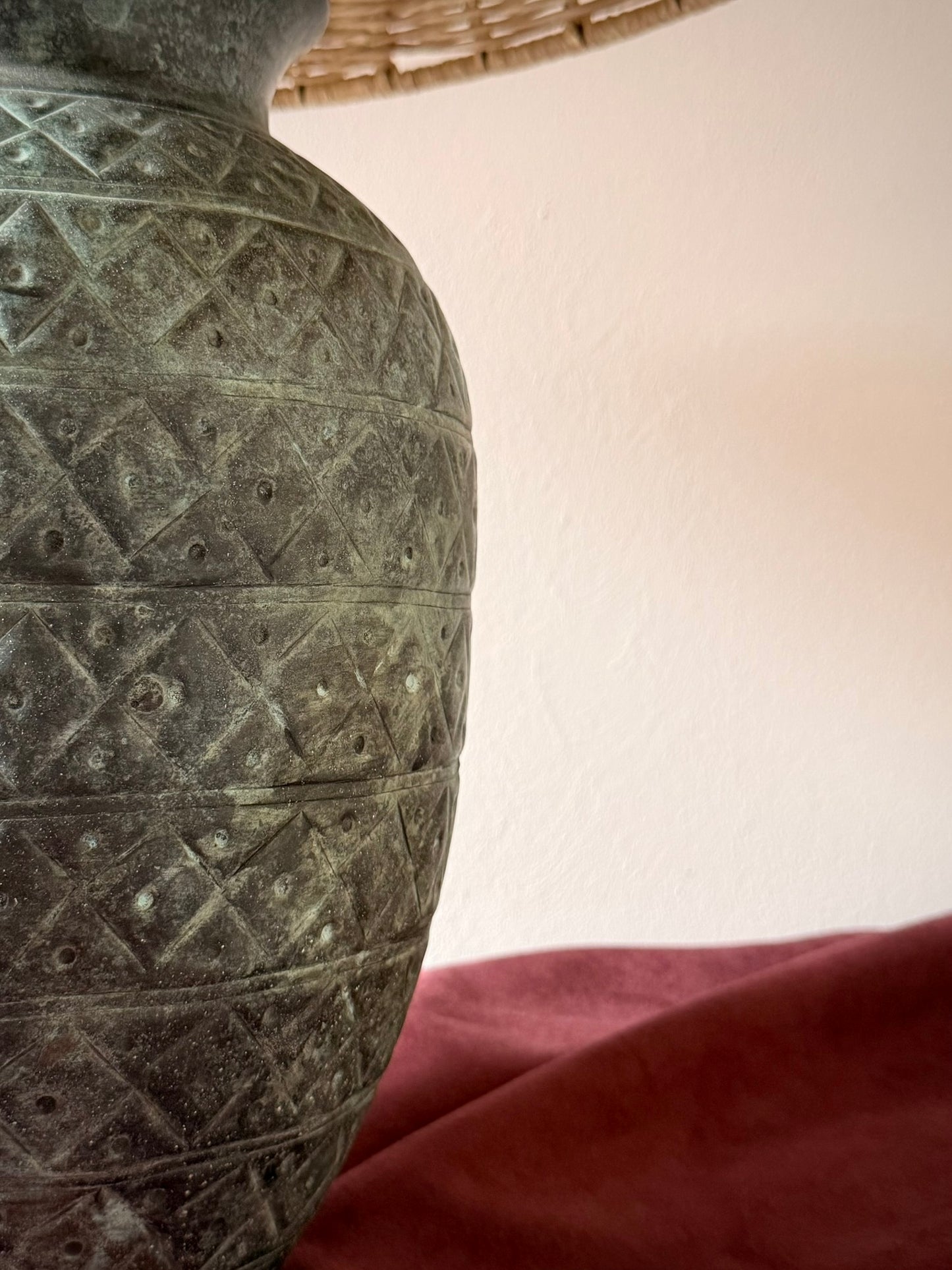 Verdigris Stamped Metal Table Lamp with Wicker Shade
