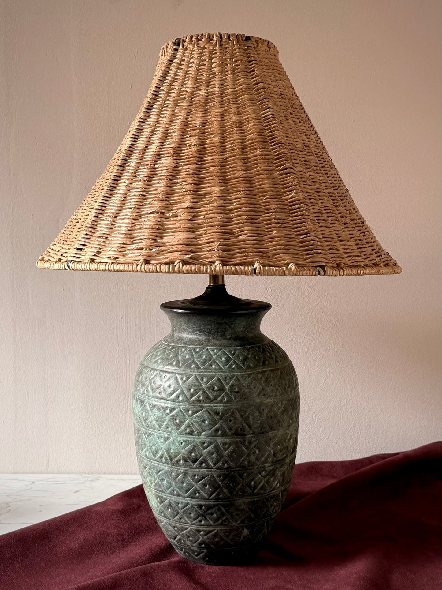 Verdigris Stamped Metal Table Lamp with Wicker Shade