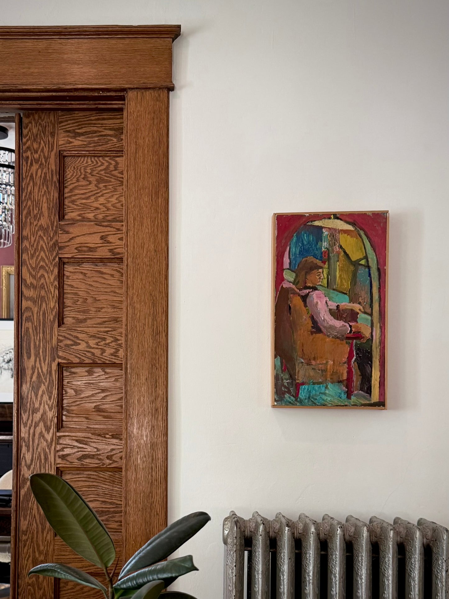 Vintage Oil on Board Painting, Red Doorway, c. 1970s