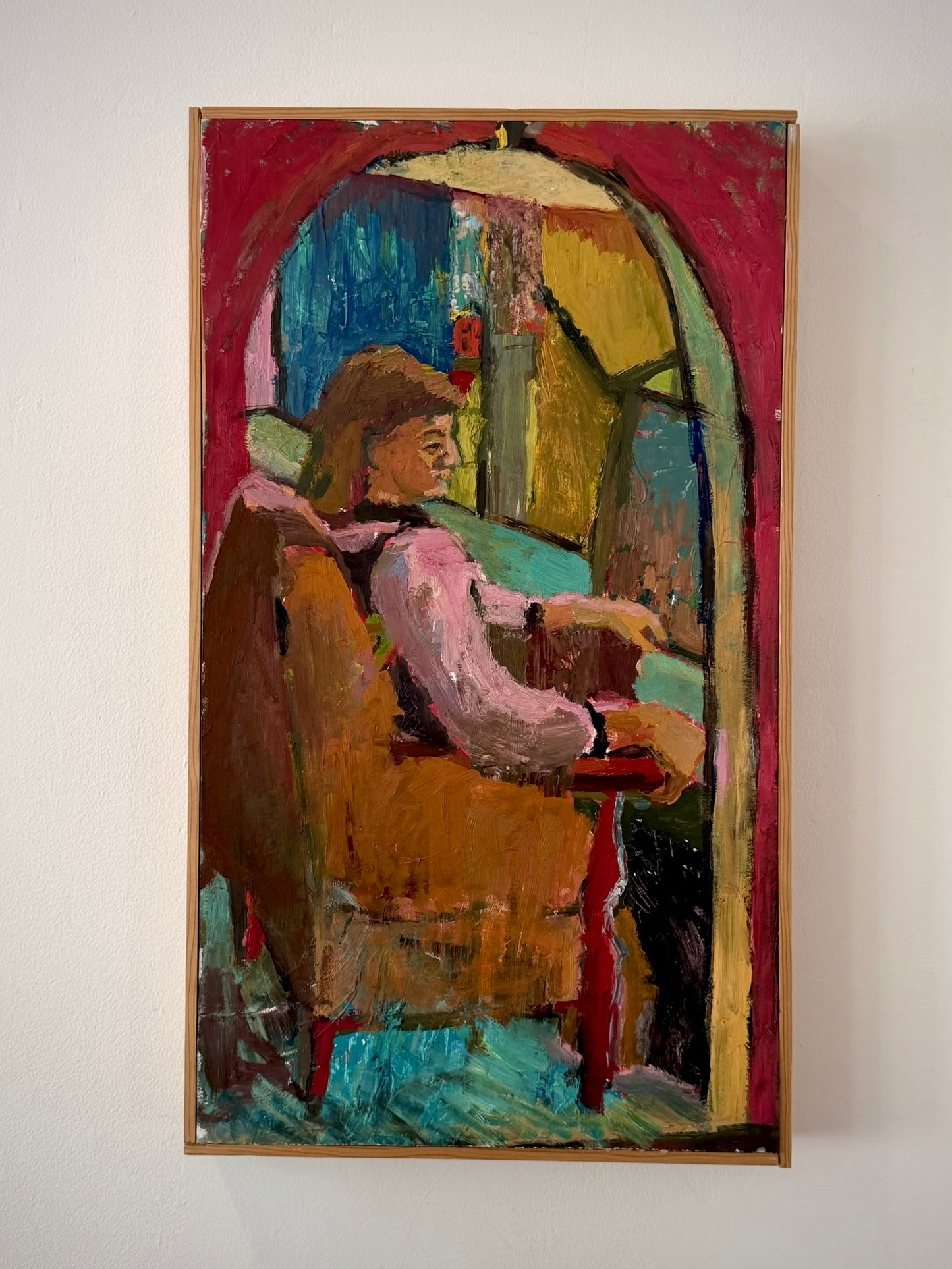 Vintage Oil on Board Painting, Red Doorway, c. 1970s