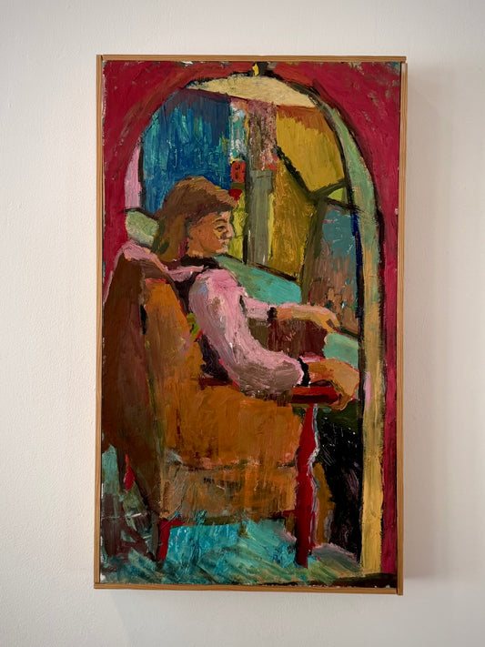 Vintage Oil on Board Painting, Red Doorway, c. 1970s