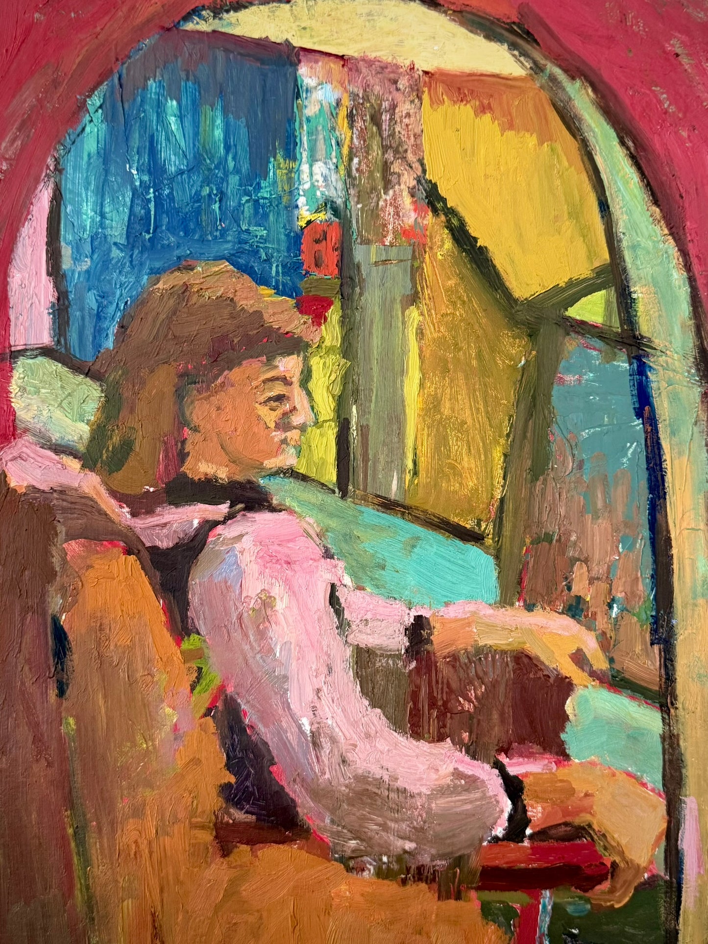 Vintage Oil on Board Painting, Red Doorway, c. 1970s