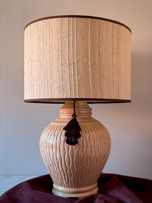 Ceramic Bamboo Lamp with Oversized Grasscloth Drum Shade