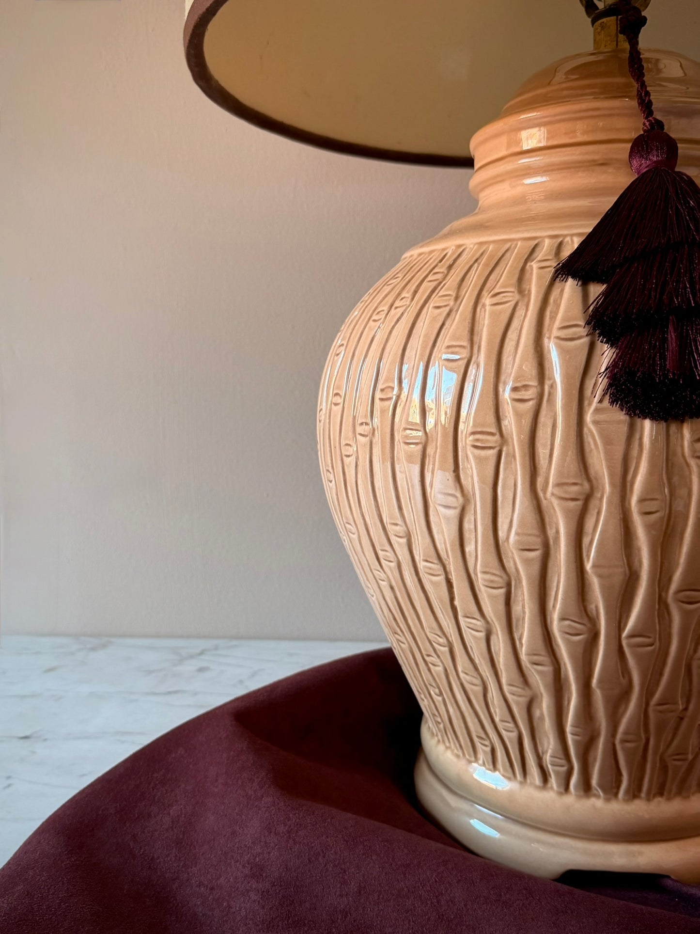 Ceramic Bamboo Lamp with Oversized Grasscloth Drum Shade