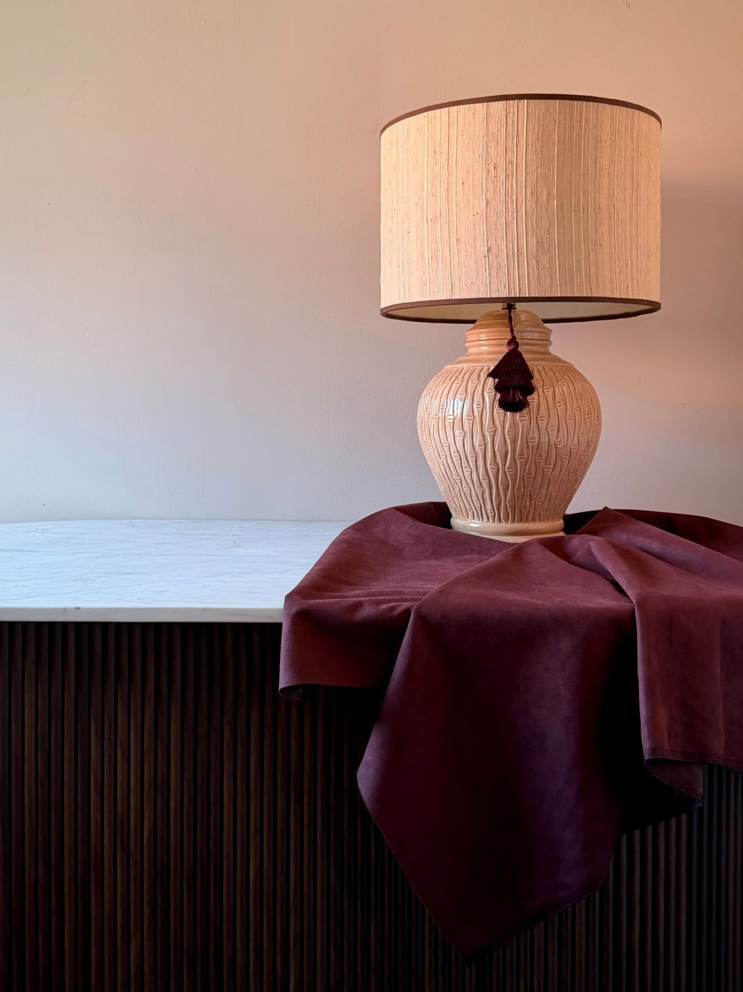 Ceramic Bamboo Lamp with Oversized Grasscloth Drum Shade