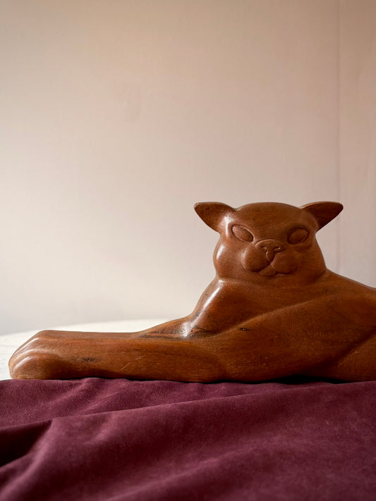 1950s Hand-Carved Wood Cat Sculpture Signed