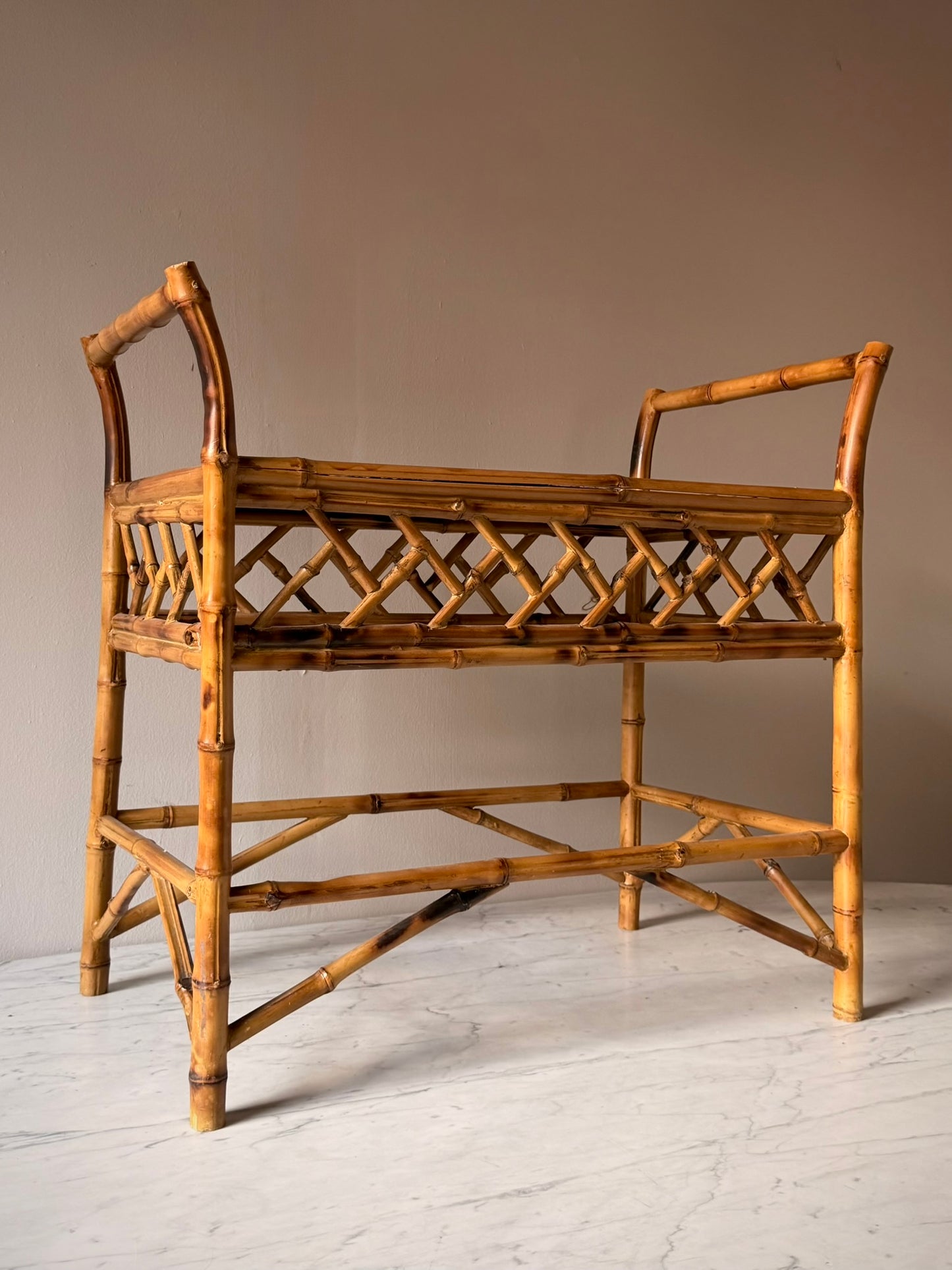 1970s Scorched Bamboo Slatted Bench
