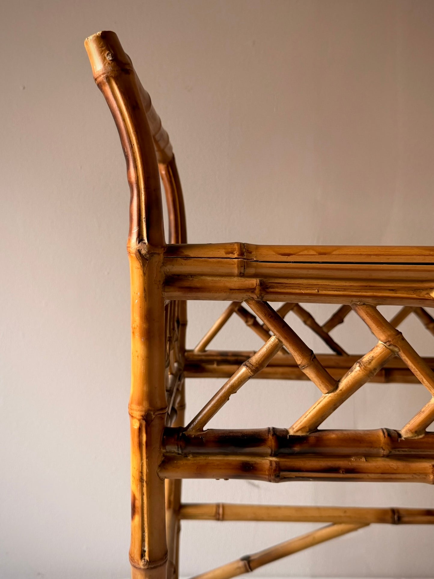 1970s Scorched Bamboo Slatted Bench
