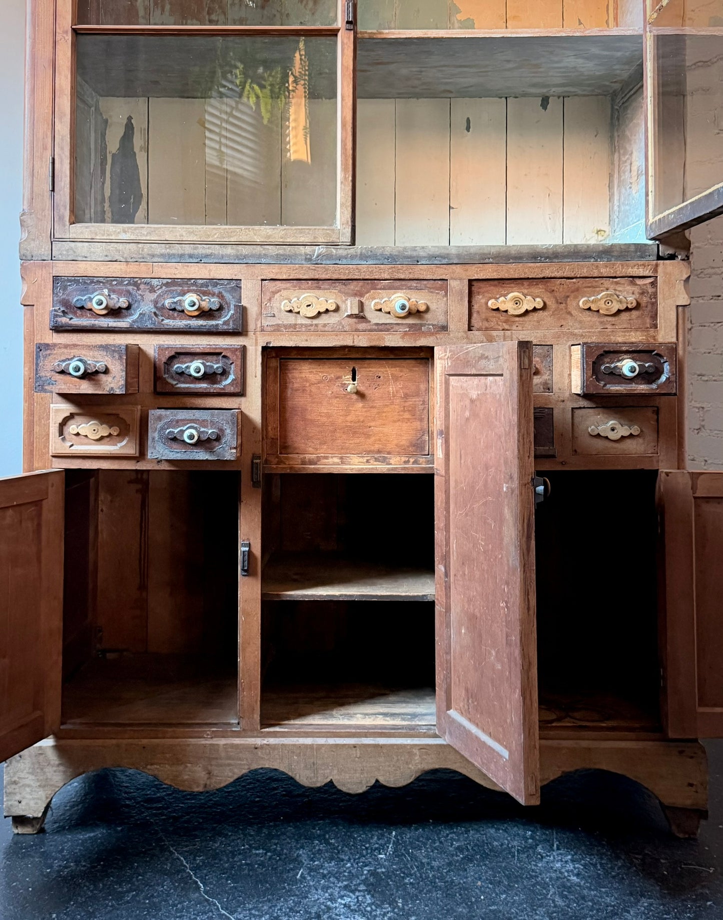 American Carved Pine Two Piece Cabinet c. 1900