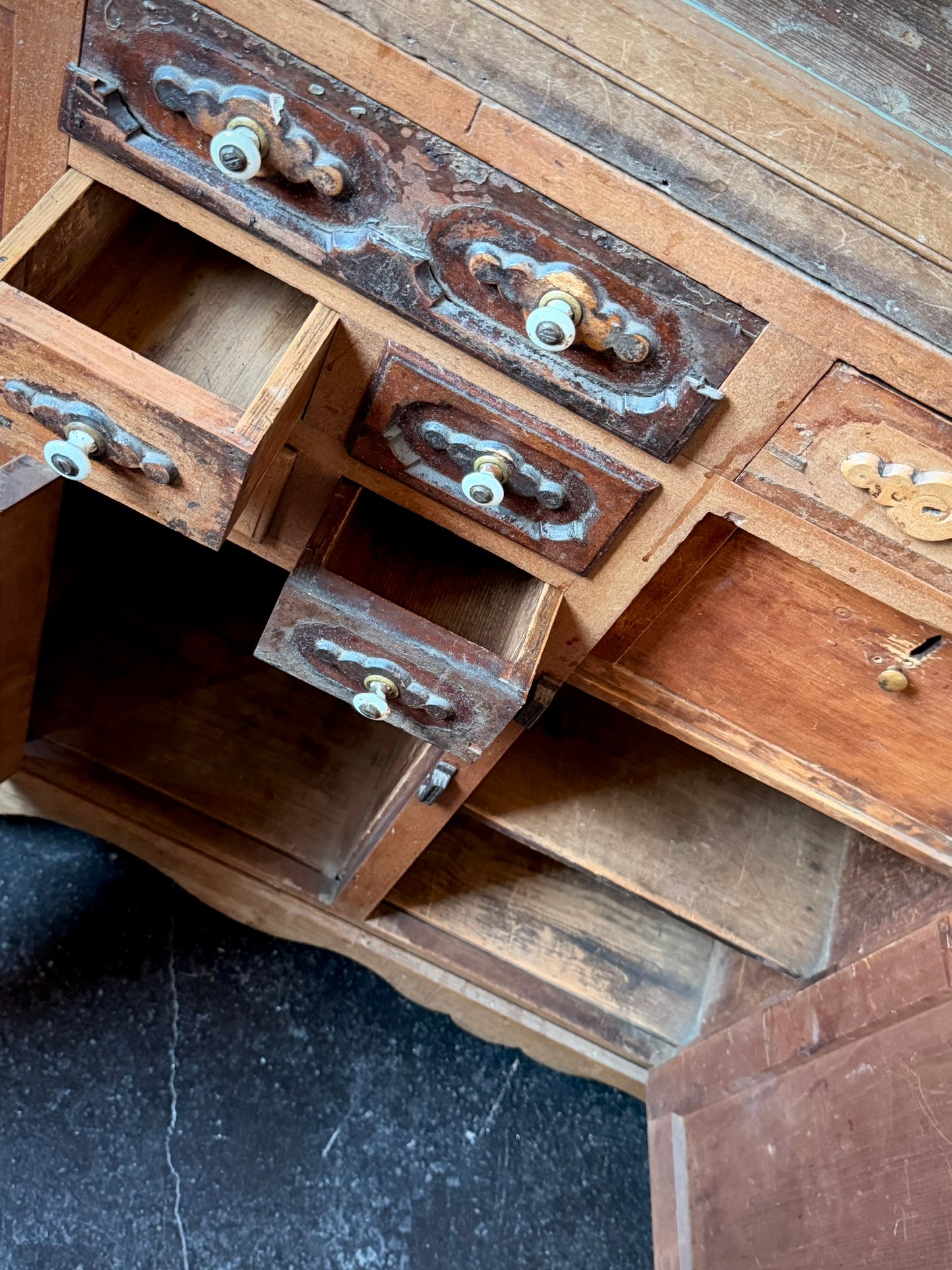 American Carved Pine Two Piece Cabinet c. 1900