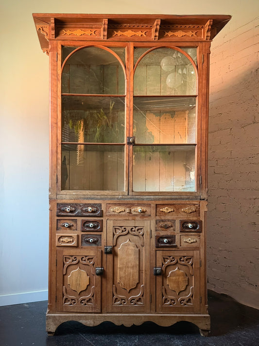 American Carved Pine Two Piece Cabinet c. 1900