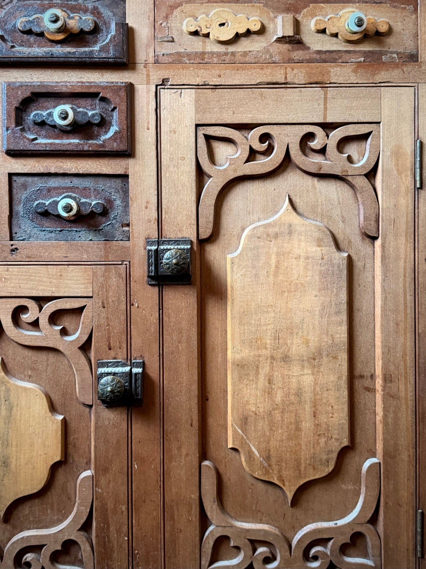 American Carved Pine Two Piece Cabinet c. 1900