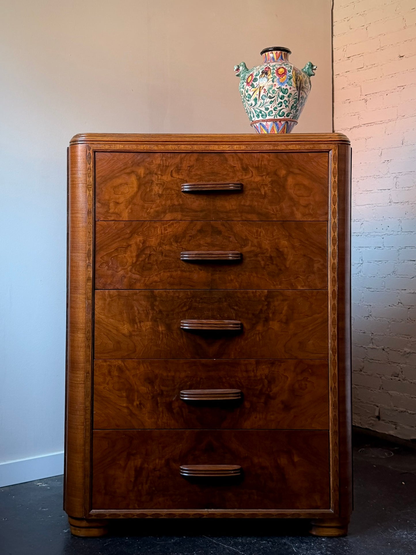Art Deco Burl Walnut Tall Chest of Drawers