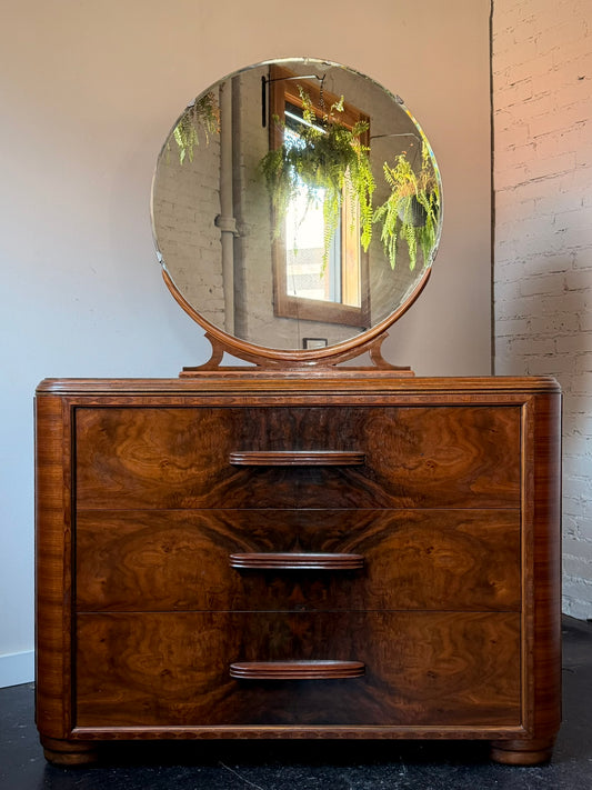 Art Deco Burl Walnut Dresser with Round Mirror