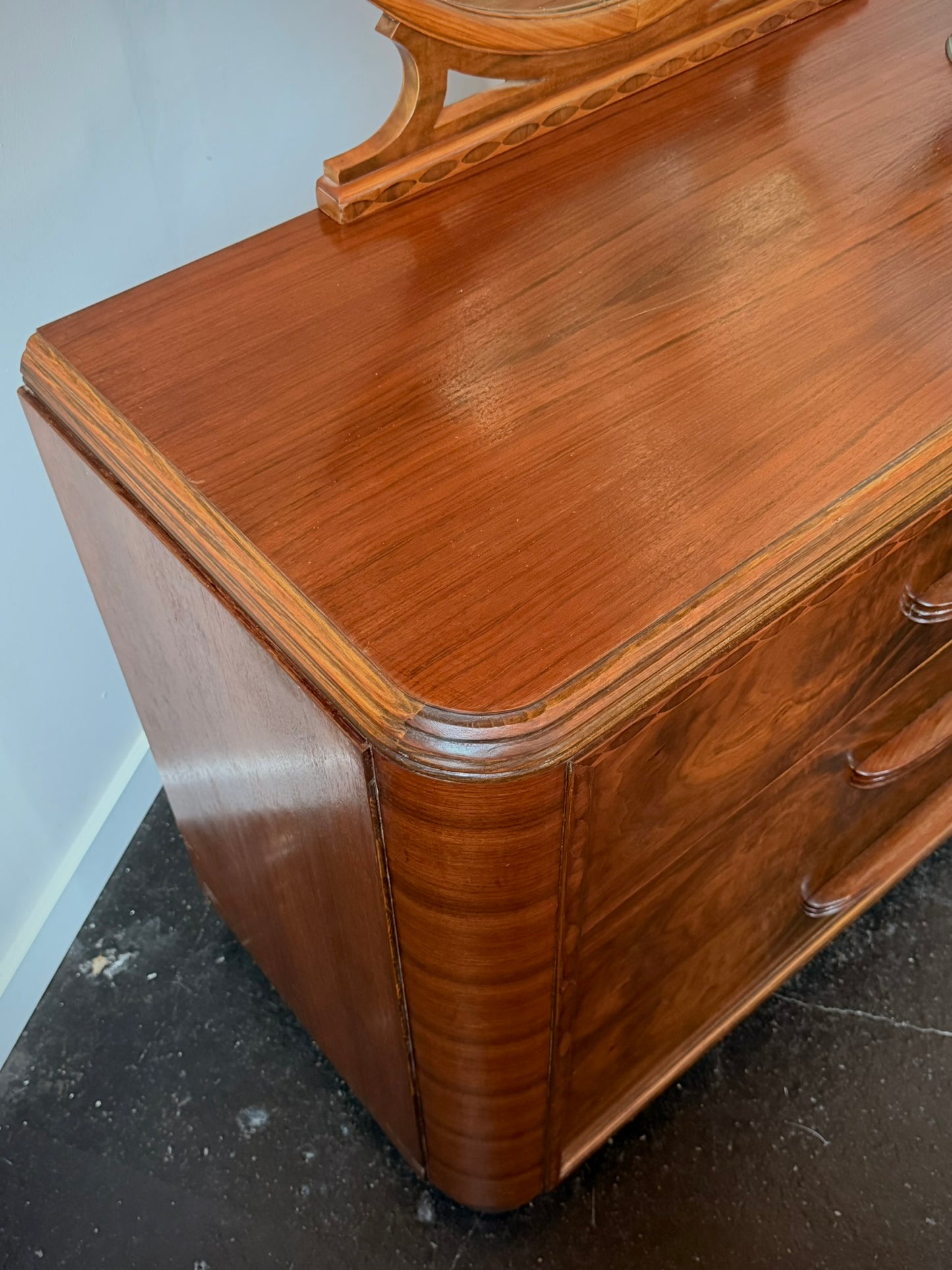 Art Deco Burl Walnut Dresser with Round Mirror