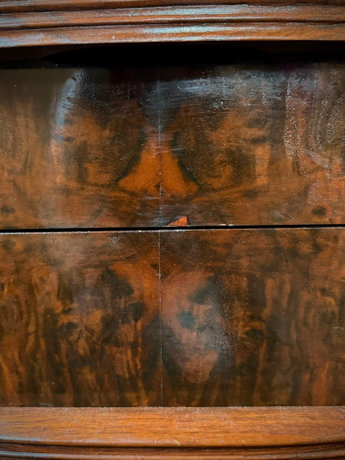 Art Deco Burl Walnut Dresser with Round Mirror