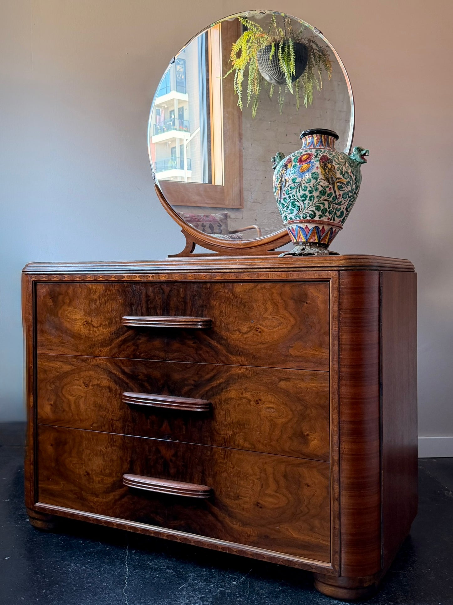 Art Deco Burl Walnut Dresser with Round Mirror