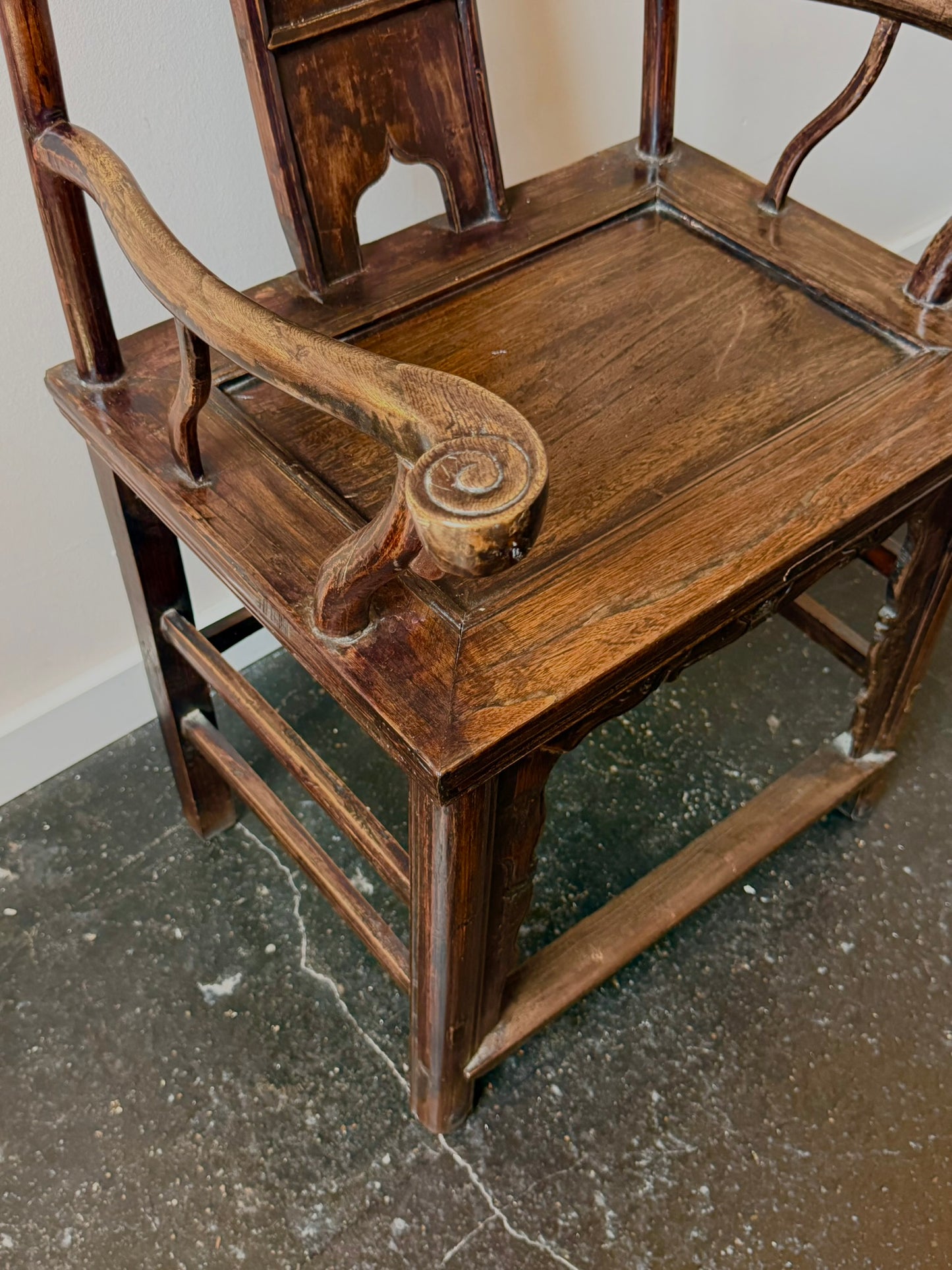 Circa Early 19th Century Chinese Official's Hat Elm Wood Armchair