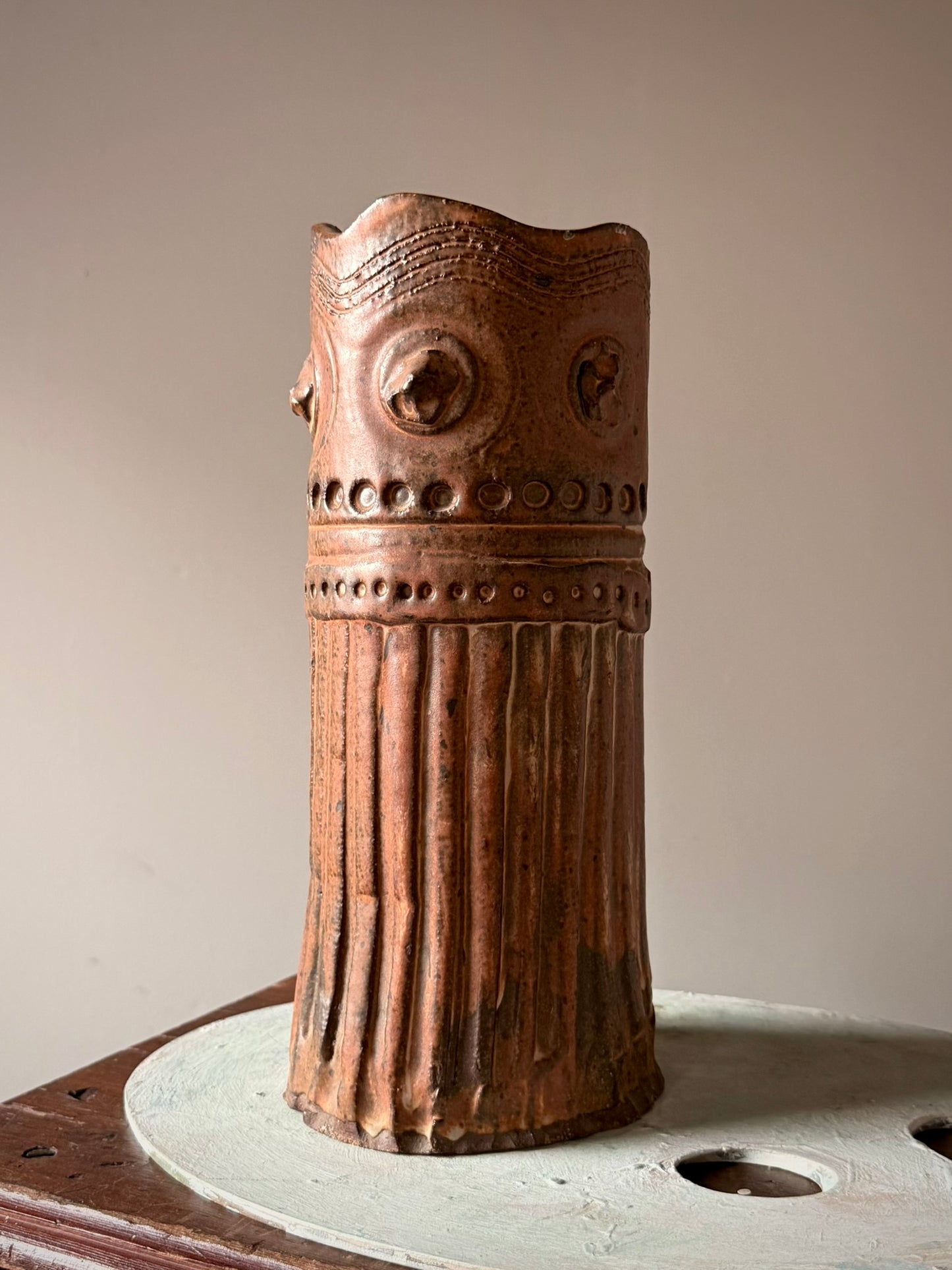 Stoneware Vase with Raised Dot and Medallion Pattern