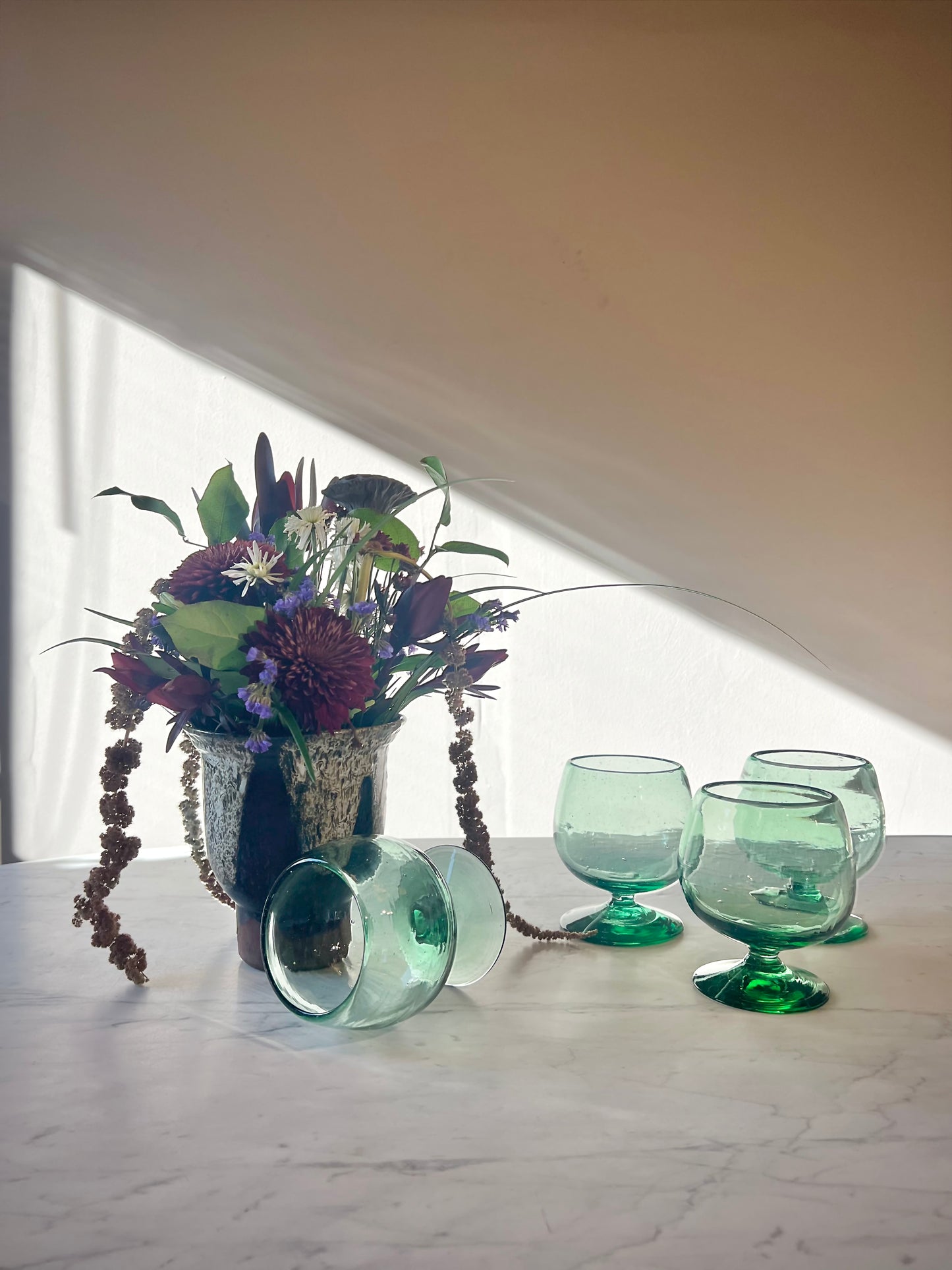 Handblown Green Glass Goblets, Set of Four