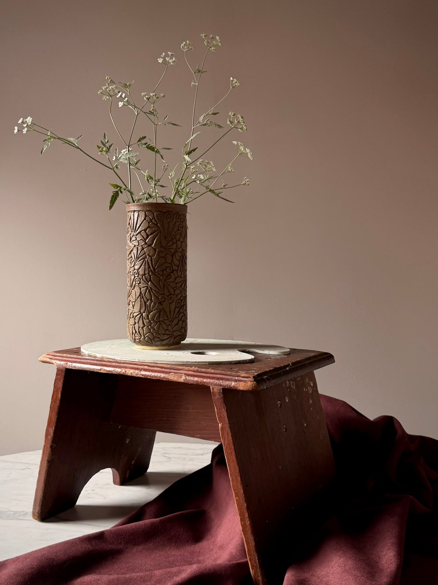 Carved Floral Relief Studio Pottery Vase