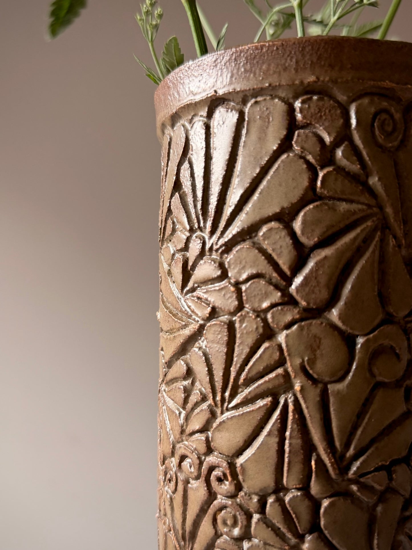 Carved Floral Relief Studio Pottery Vase
